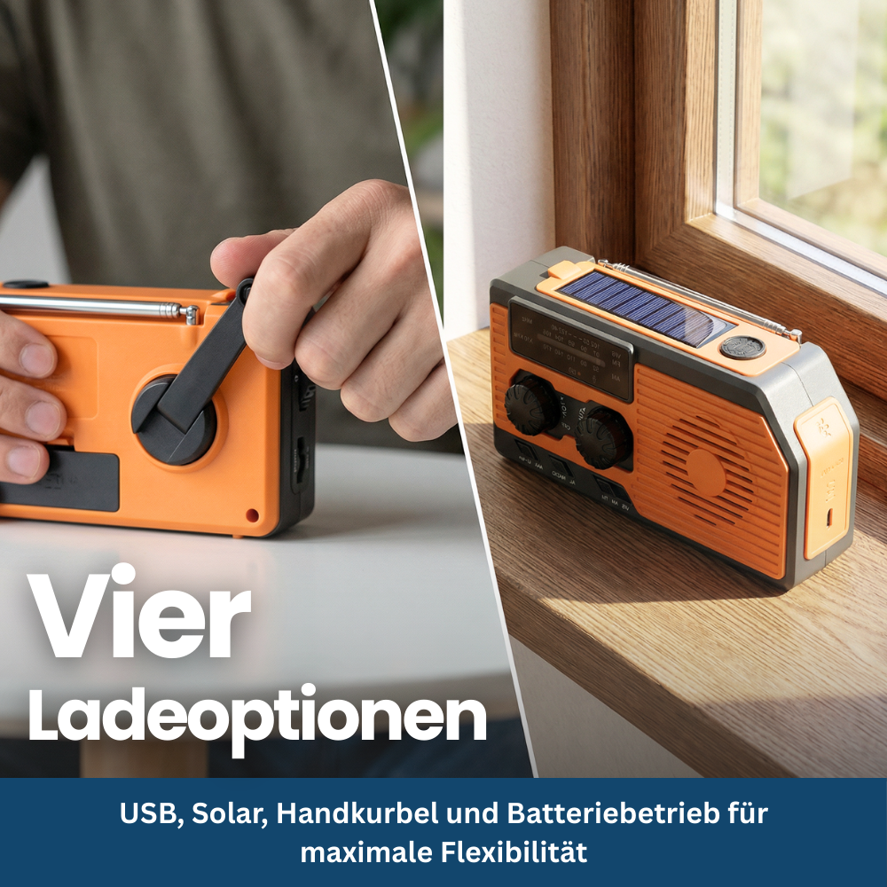 4-in-1 Notfallradio mit Solar, Kurbel & Powerbank – für Blackout & Outdoor