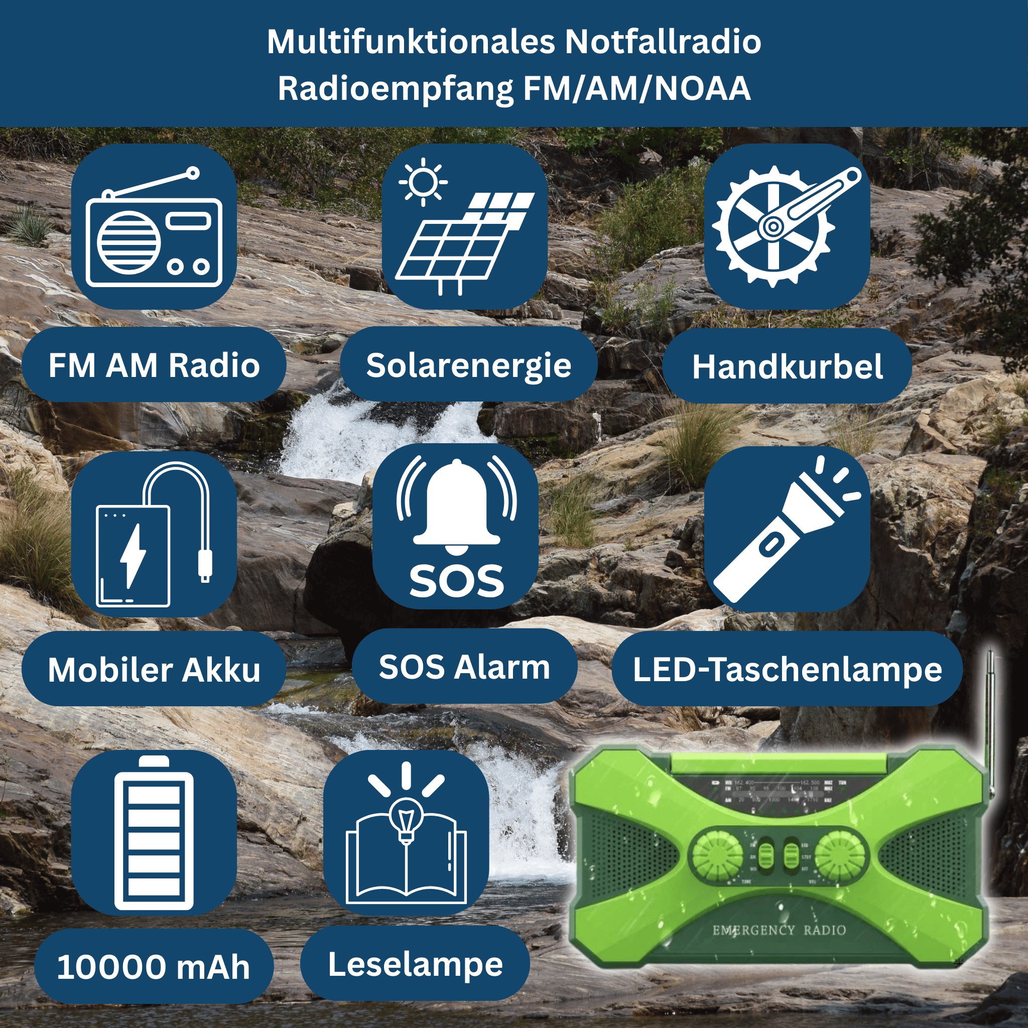 Power Notfallradio 10.000mAh – Solar, Kurbel, LED & SOS