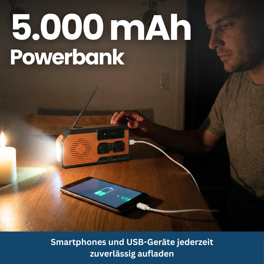 4-in-1 Notfallradio mit Solar, Kurbel & Powerbank – für Blackout & Outdoor