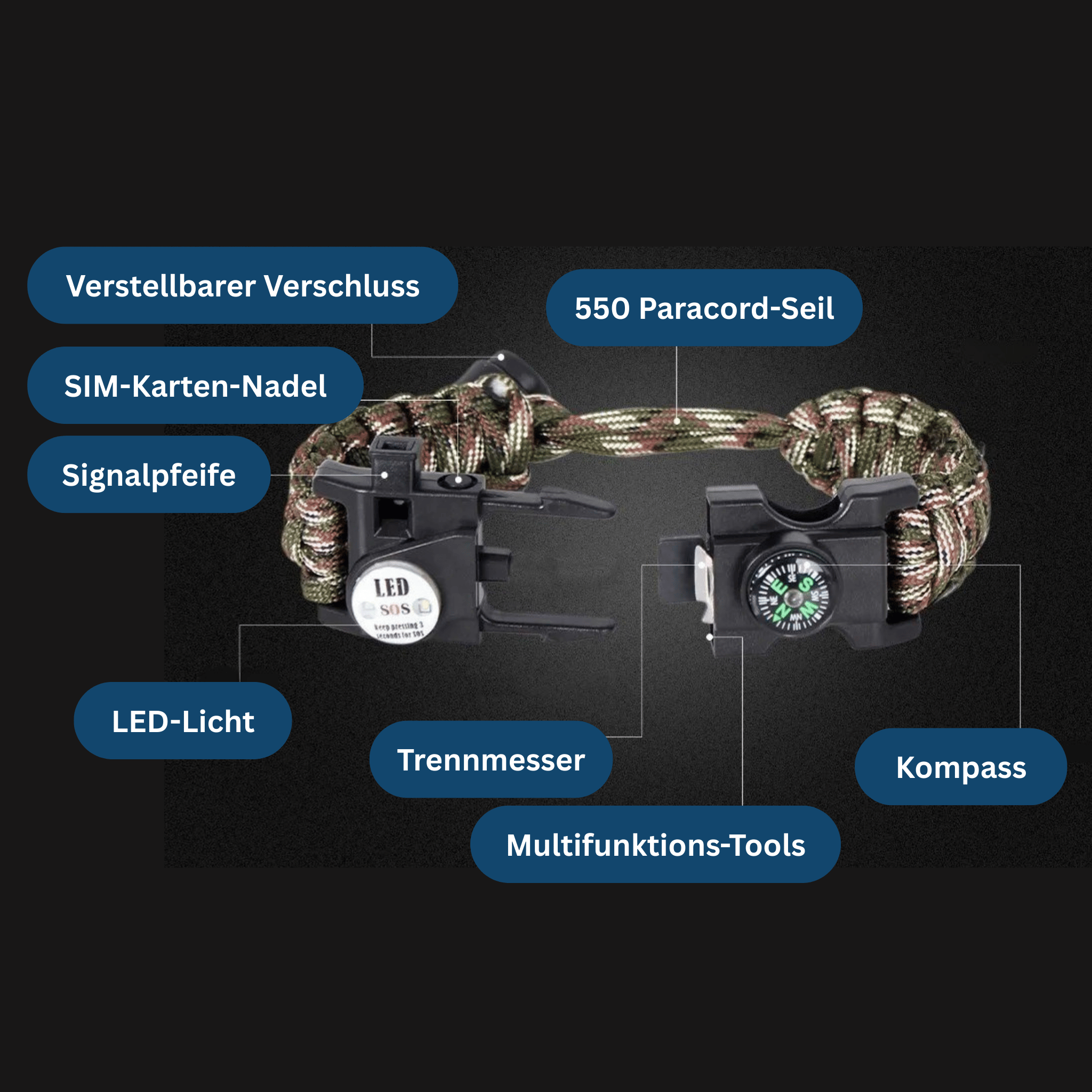 Survival Paracord Armband – Mit LED & Kompass