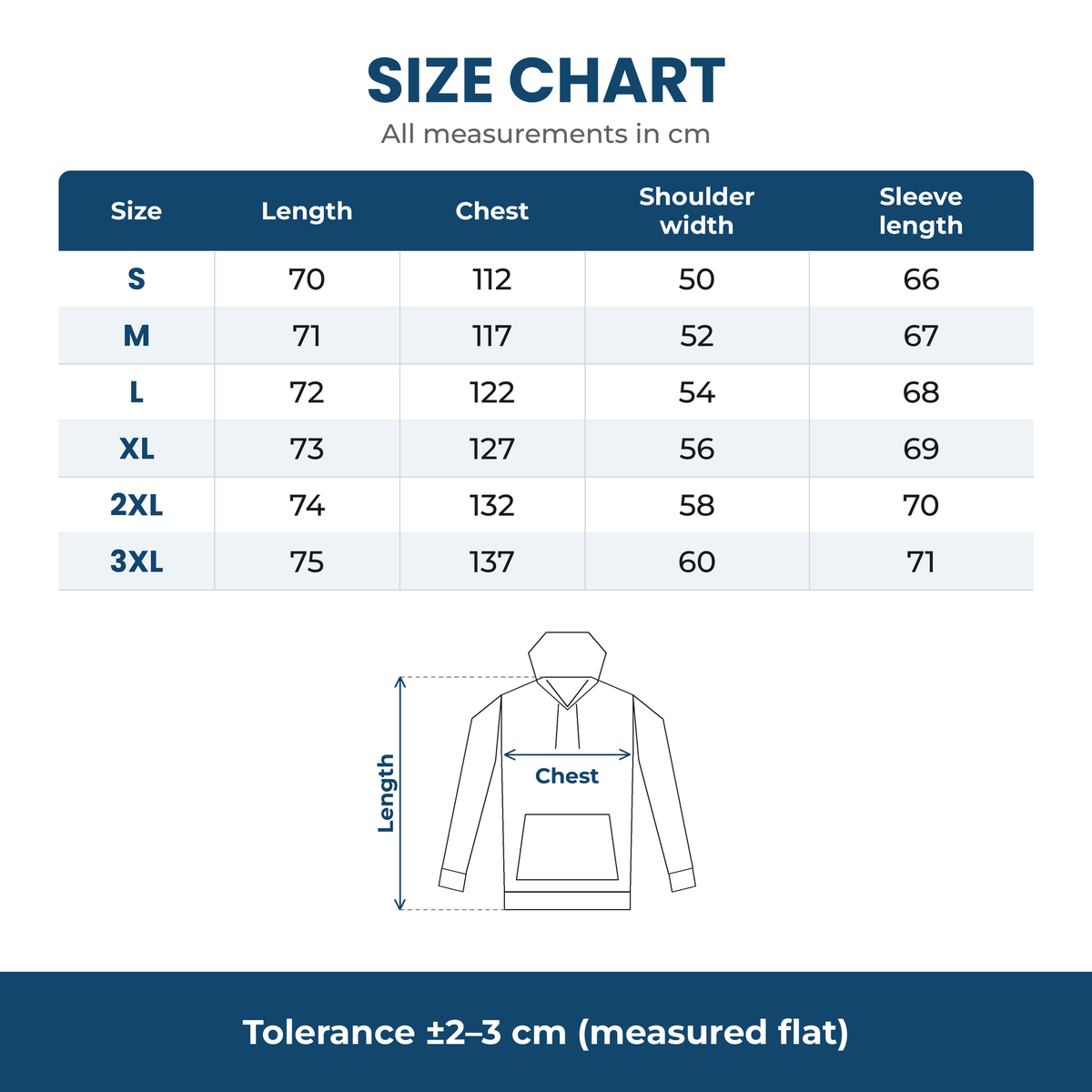 CozyHeat Heated Hoodie – size chart