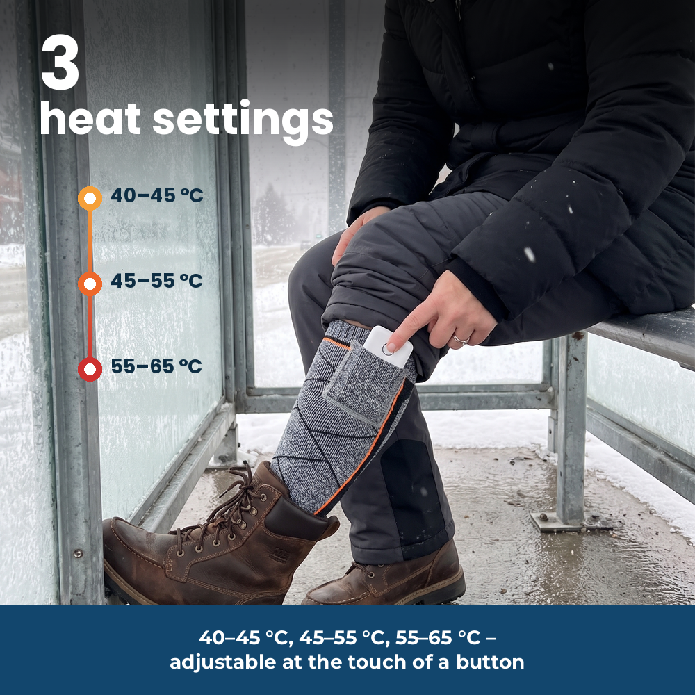 Heated socks with power banks – three heat settings at a winter bus stop